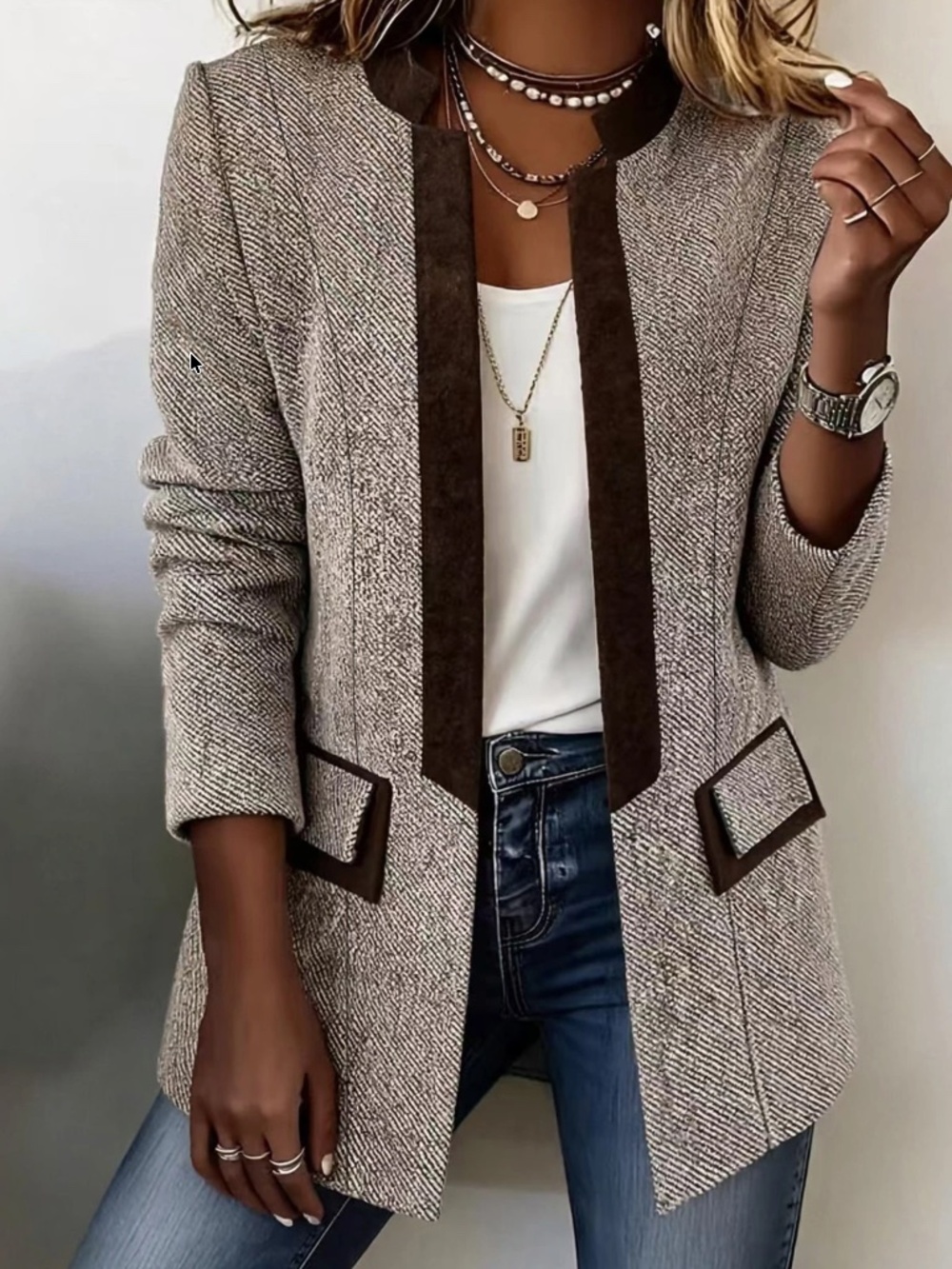 Classic Herringbone Print Open Front Blazer Jacket - Picture 2 of 5